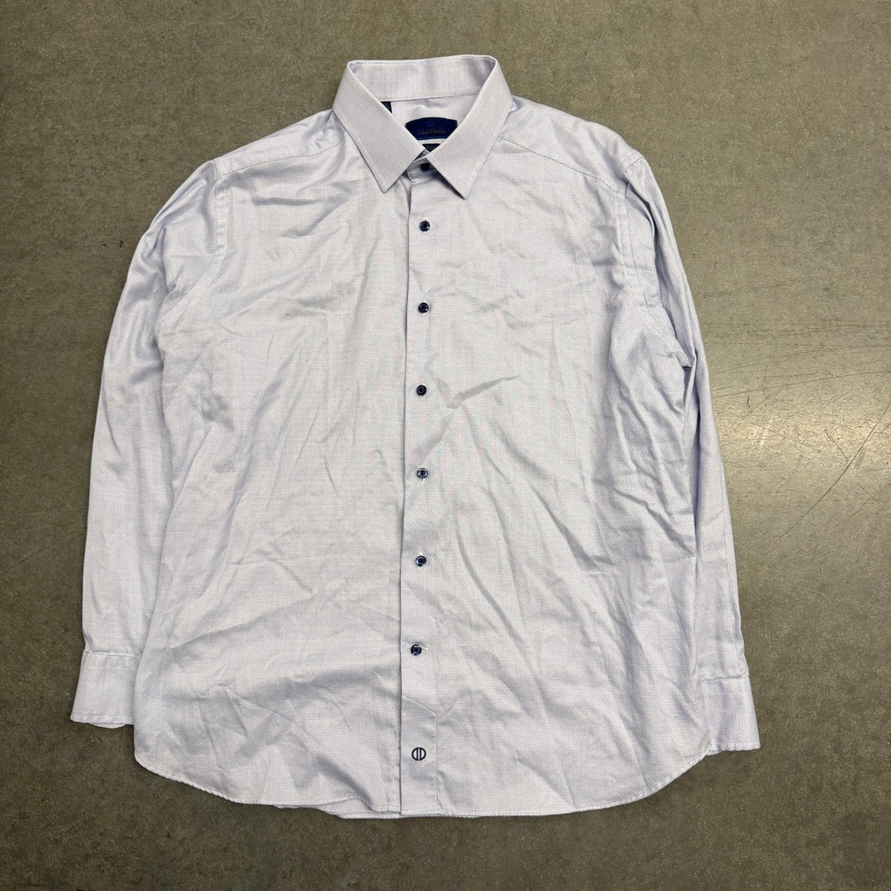 David Donahue Mens Slim Fit Dress Shirt 17.5 34/35 Blue White Micro Pattern